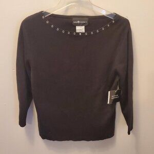New w/tags Women's Sag Harbor Sweater, Size M, Black 3/4 sleeve, Silver at neck